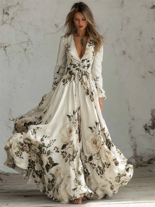 Cardydony Classy White Roses Print V Neck Flowy Maxi Dress
