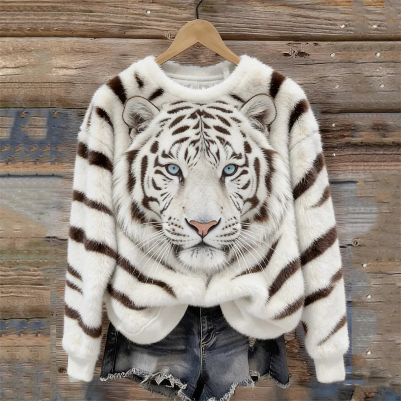 Cardydony Classy White Tiger & Pattern Cozy Plush Sweatshirt