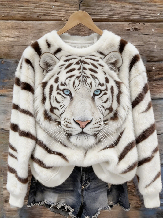 Cardydony Classy White Tiger & Pattern Cozy Plush Sweatshirt