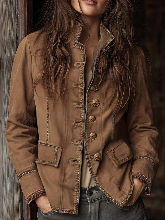 Cardydony Vintage Flap Pocket Stand Collar Jacket