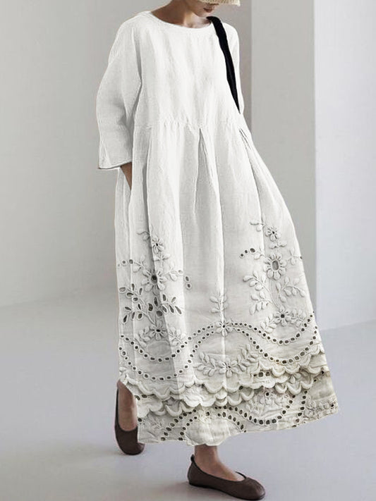 Cardydony Cottage Floral Embroidered Lace Hem Linen Blend Maxi Dress