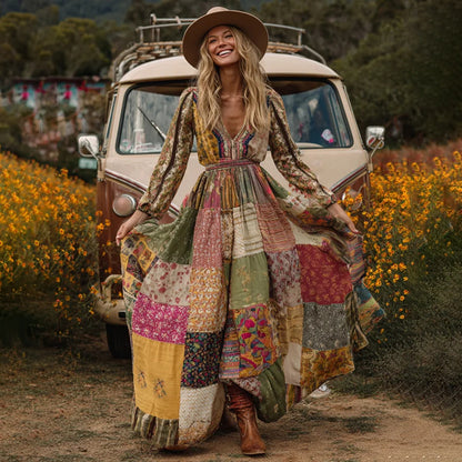 Cardydony Countryside Style Collection Classy Patchwork Floral Pattern Art Linen Long Sleeve Maxi Dress