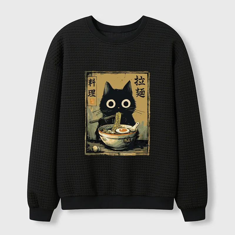 Cardydony Cute Black Cat Eating Ramen Japan Waffle Sweatshirt