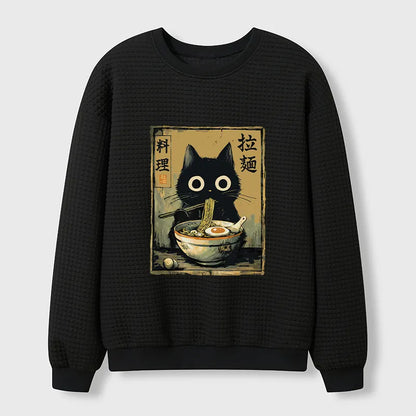Cardydony Cute Black Cat Eating Ramen Japan Waffle Sweatshirt