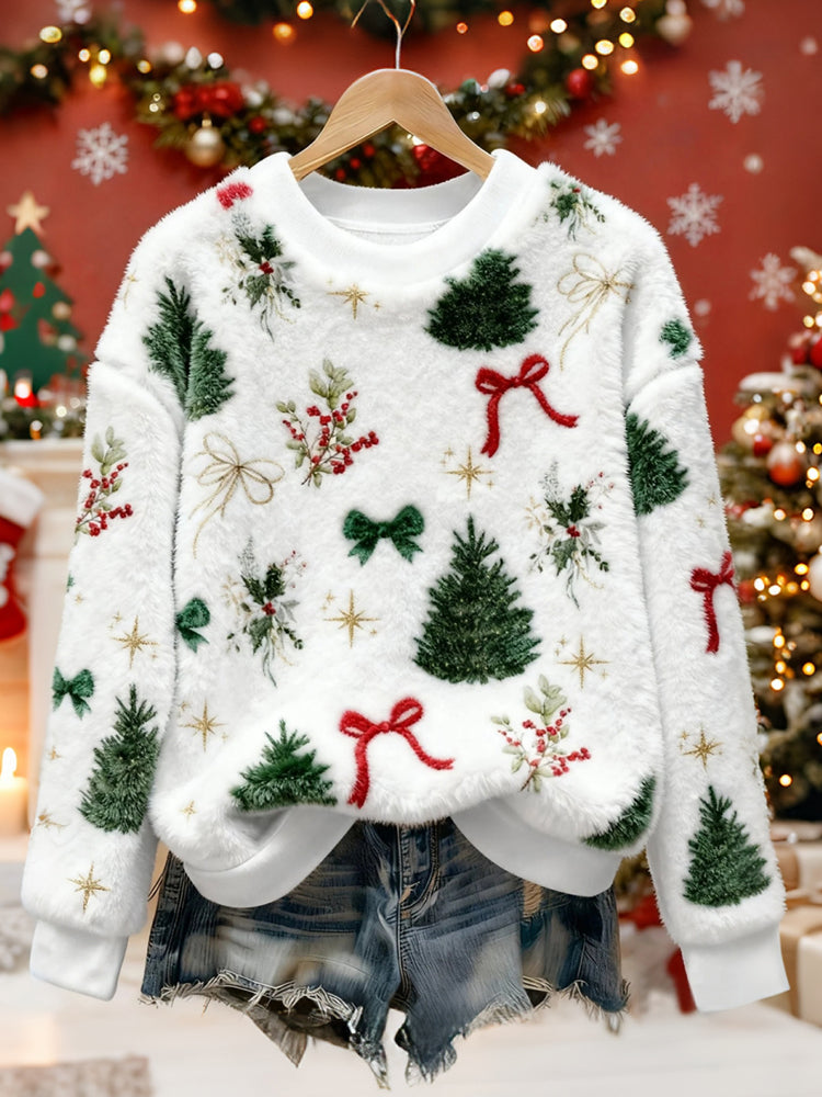 Cardydony Cute Bow And Holly Berry Pattern Warm Crew Neck Sweater