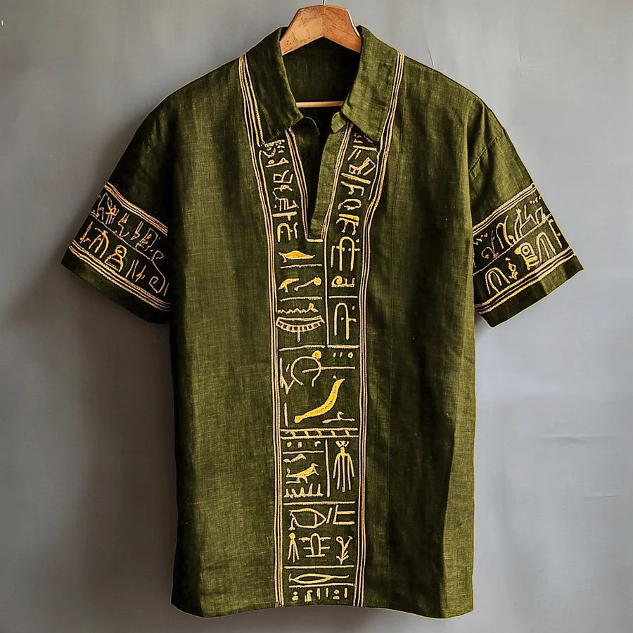 Cardydony Egyptian Totem Embroidered Men's Linen Short Sleeve Shirt