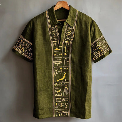 Cardydony Egyptian Totem Embroidered Men's Linen Short Sleeve Shirt