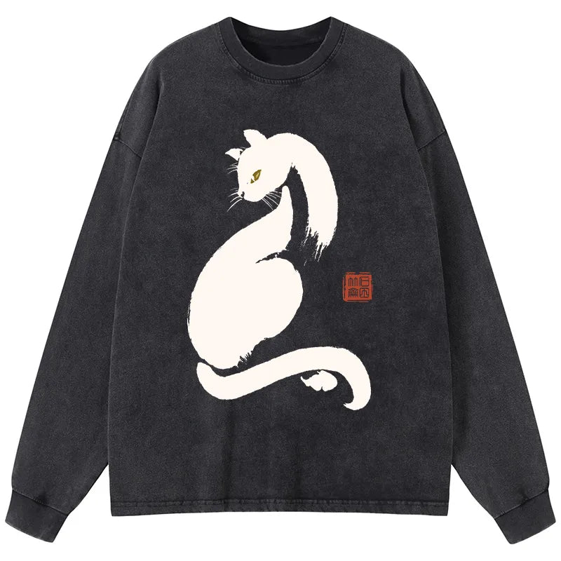Cardydony Elegant Black Cat Japan Washed Long Sleeve T-shirt