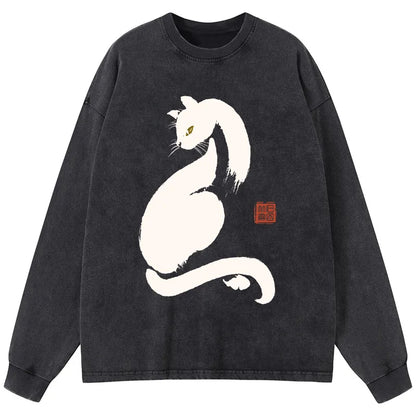 Cardydony Elegant Black Cat Japan Washed Long Sleeve T-shirt