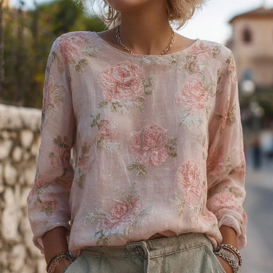 Cardydony Elegant Boho Roses Pattern Round Neck Cozy Linen Tunic