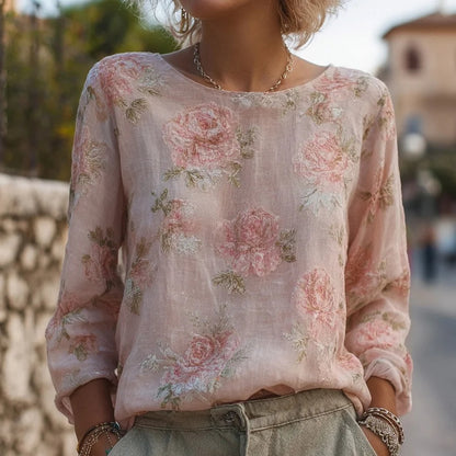 Cardydony Elegant Boho Roses Pattern Round Neck Cozy Linen Tunic
