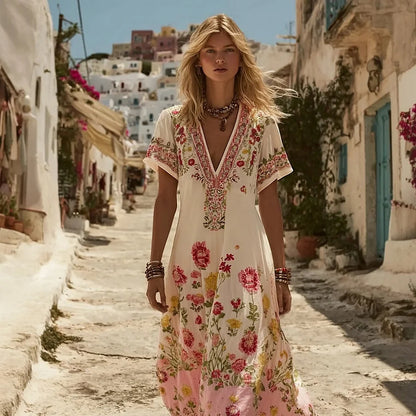 Cardydony Elegant Boho Roses Pattern V Neck Flowy Linen Maxi Dress