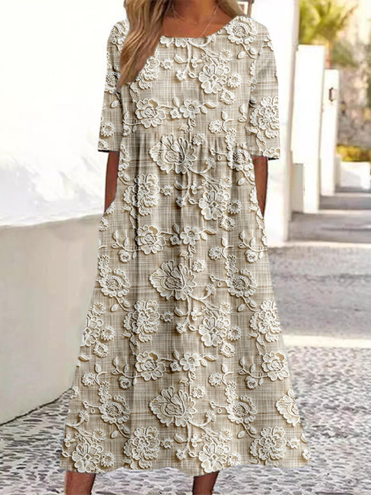 Cardydony Elegant Floral Lace Embroidered Linen Blend Maxi Dress
