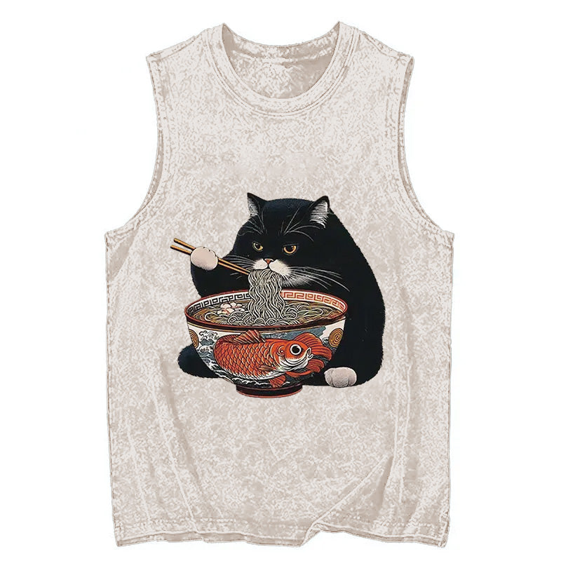 Cardydony Fat Cat Eating Ramen Washed Tank