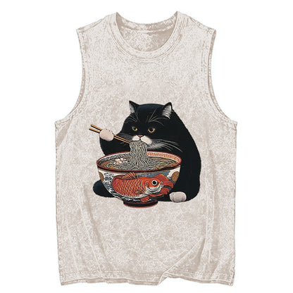 Cardydony Fat Cat Eating Ramen Washed Tank