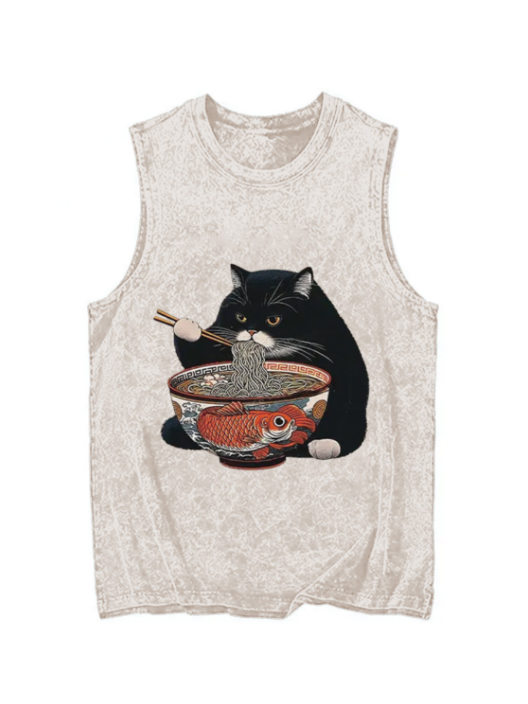 Cardydony Fat Cat Eating Ramen Washed Tank