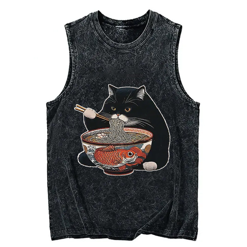 Cardydony Fat Cat Eating Ramen Washed Tank