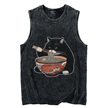 Cardydony Fat Cat Eating Ramen Washed Tank