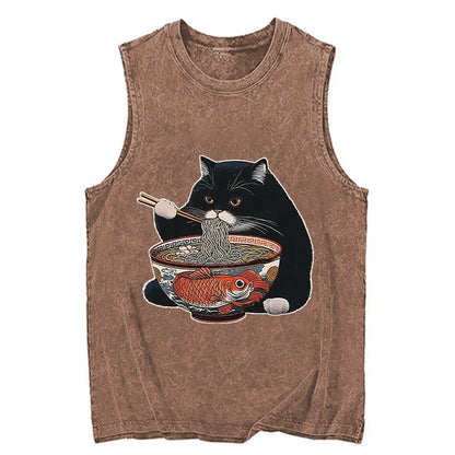 Cardydony Fat Cat Eating Ramen Washed Tank