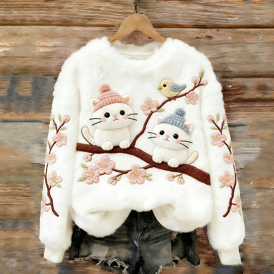 Cardydony Frolicking Cat And Bird Plush Turtleneck Sweatshirt