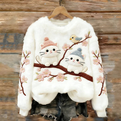 Cardydony Frolicking Cat And Bird Plush Turtleneck Sweatshirt