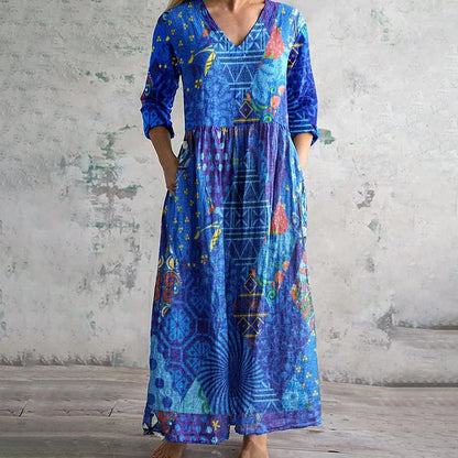Cardydony Geometric Print V-Neck Casual Loose Midi Dress
