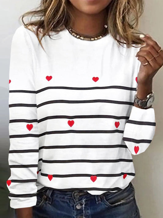 Cardydony Heart Print Casual Long Sleeve T-Shirt
