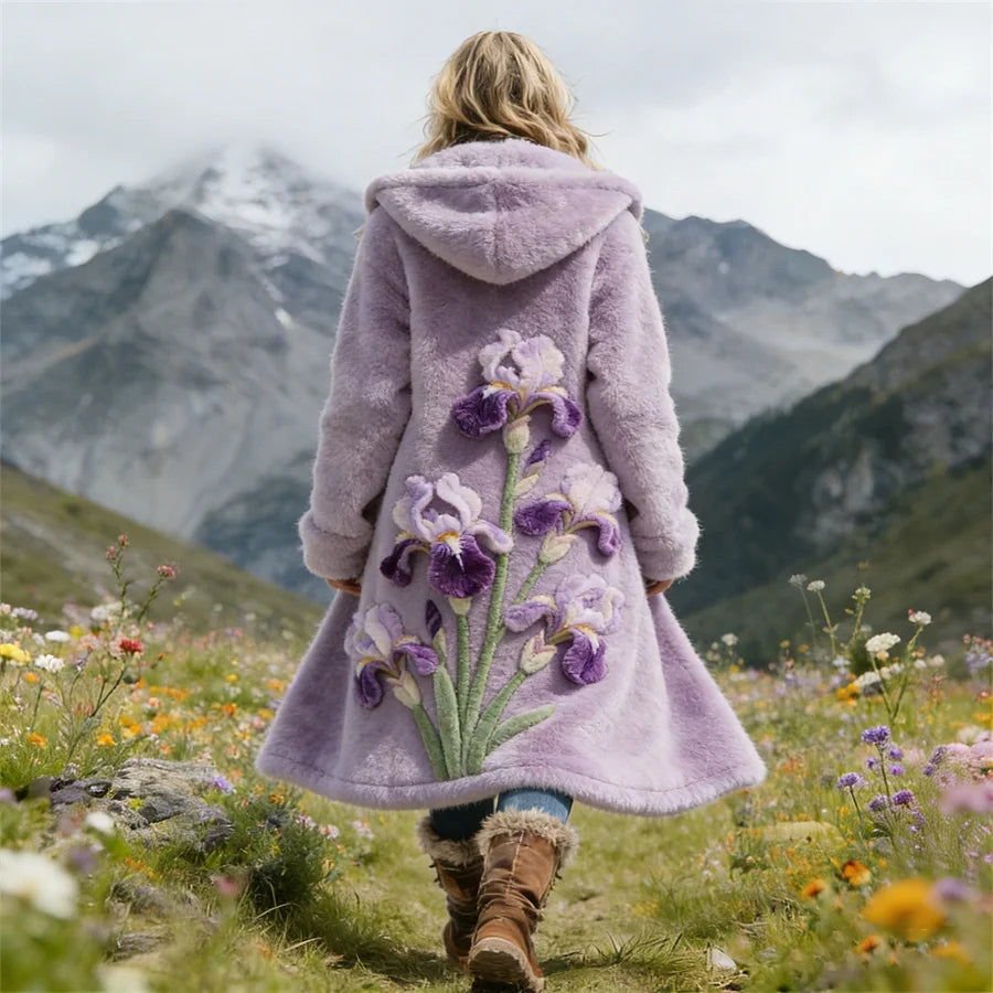 Cardydony Iris Flower Plush Art Women's Cozy Flannel Hooded Cardigan