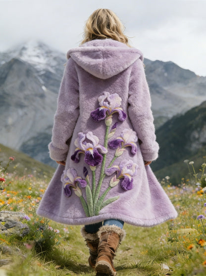 Cardydony Iris Flower Plush Art Women's Cozy Flannel Hooded Cardigan