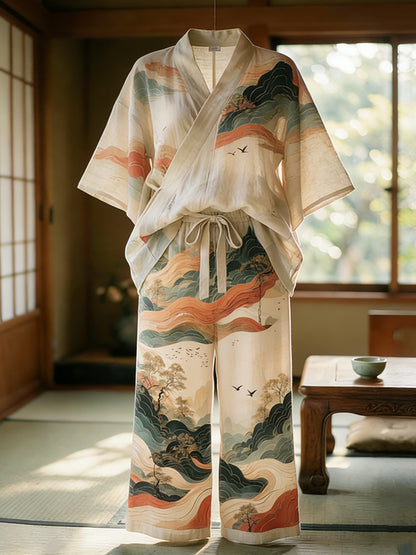 Cardydony Japanese Art Style Landscape Cotton And Linen Suit