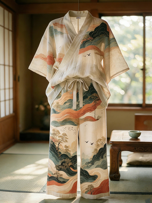 Cardydony Japanese Art Style Landscape Cotton And Linen Suit