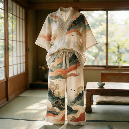 Cardydony Japanese Art Style Landscape Cotton And Linen Suit