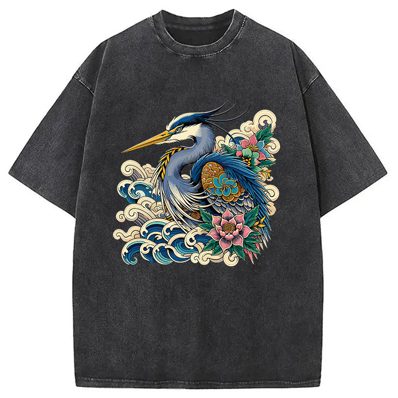 Cardydony Japanese Blue Heron Washed T-shirt
