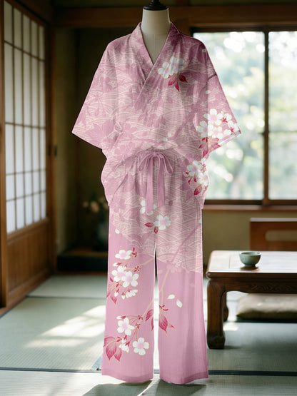 Cardydony Japanese Cherry Blossom Art Flowy Kimono Set