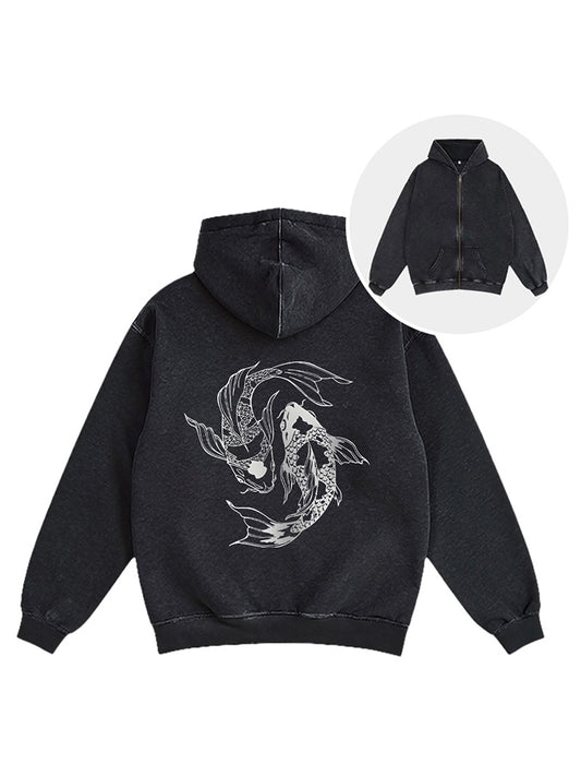 Cardydony Japanese Streetwear Koi Fish Washed Zip Hoodie