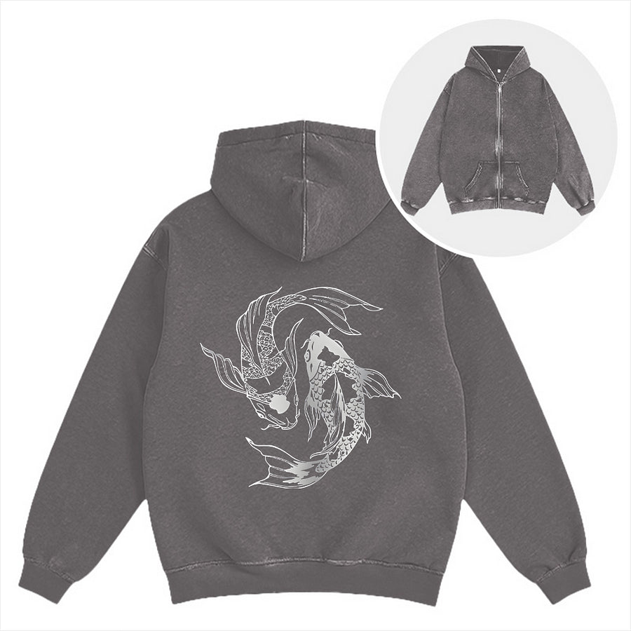 Cardydony Japanese Streetwear Koi Fish Washed Zip Hoodie