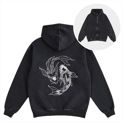 Cardydony Japanese Streetwear Koi Fish Washed Zip Hoodie