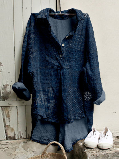 Cardydony Japanese Traditional Sashiko Art Linen Blend High Low Tunic