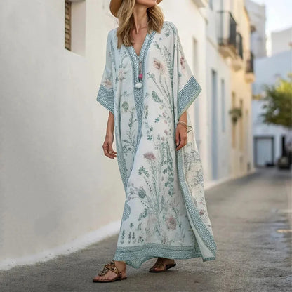 Cardydony Long Sleeve Kaftan Linen Vacation Maxi Dress