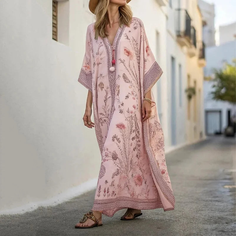 Cardydony Long Sleeve Kaftan Linen Vacation Maxi Dress