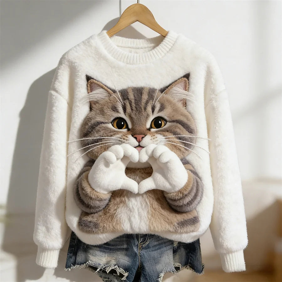 Cardydony Love Signs Cat Fun Animal Women's Soft Plush Sweater