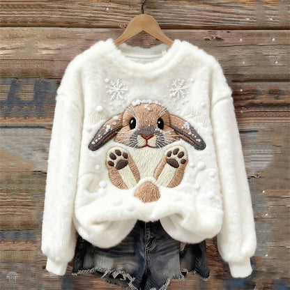 Cardydony Lovely Bunny & Snow Embroidered Cozy Plush Sweatshirt