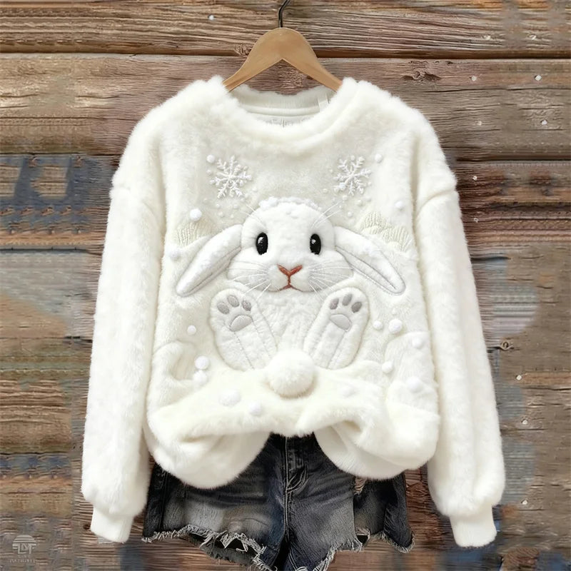 Cardydony Lovely Bunny & Snow Embroidered Cozy Plush Sweatshirt