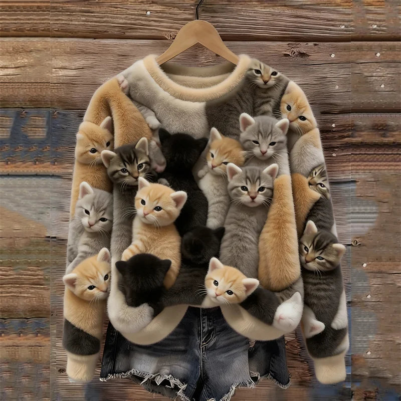 Cardydony Lovely Crowded Cats Felt Art Cozy Plush Sweatshirt