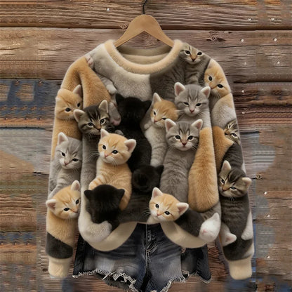 Cardydony Lovely Crowded Cats Felt Art Cozy Plush Sweatshirt