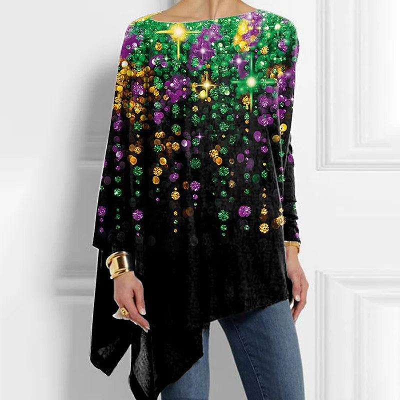 Cardydony Mardi Gras Print Irregular Casual T-Shirt