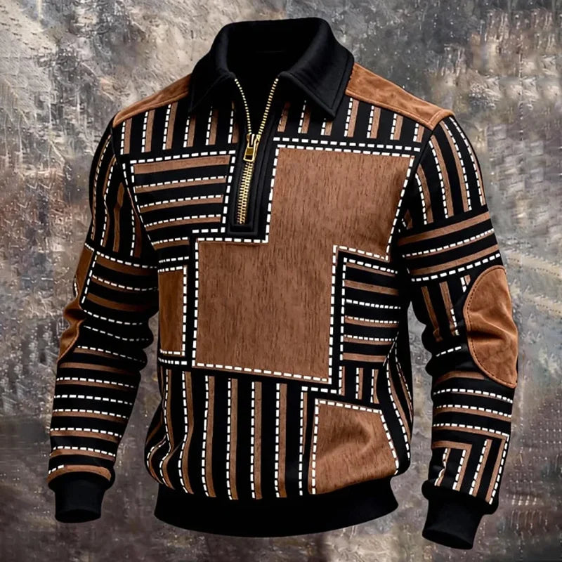 Cardydony Men's Contrast Color Print Half Zip Lapel Sweatshirt