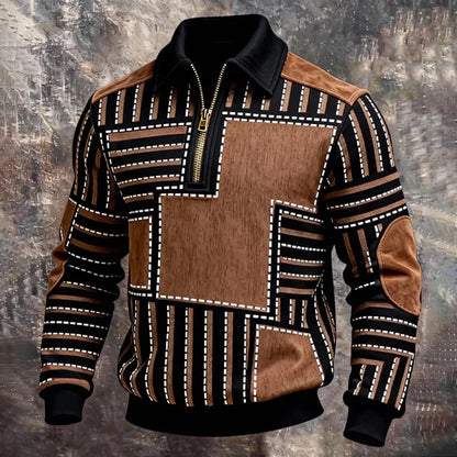 Cardydony Men's Contrast Color Print Half Zip Lapel Sweatshirt