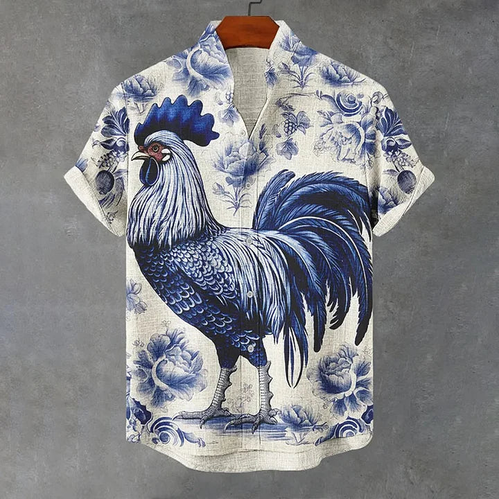 Cardydony Men's Delft Blue Floral Chicken Print Casual Shirt