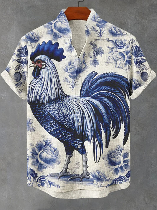Cardydony Men's Delft Blue Floral Chicken Print Casual Shirt